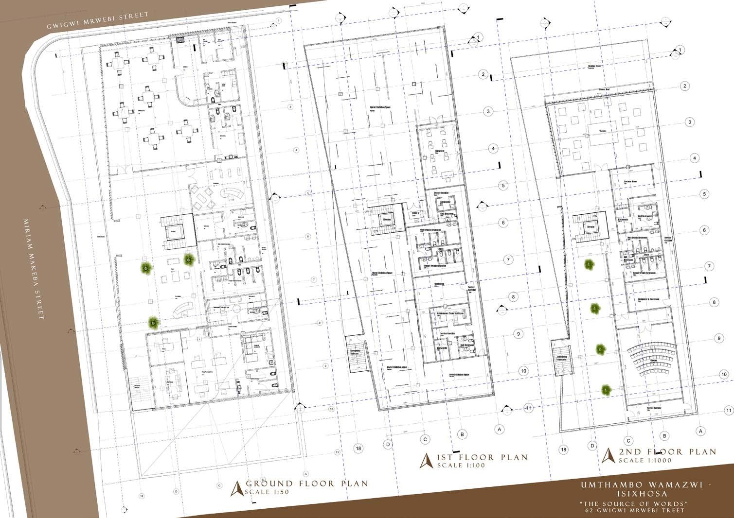 Ground, first and second floor plans